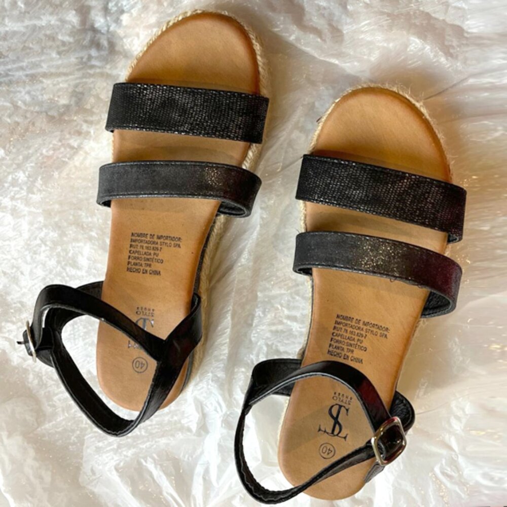 "Stylo Shoes Black Glitter Espadrille Wedge Sandals Ankle Strap 2" Size 39-40"